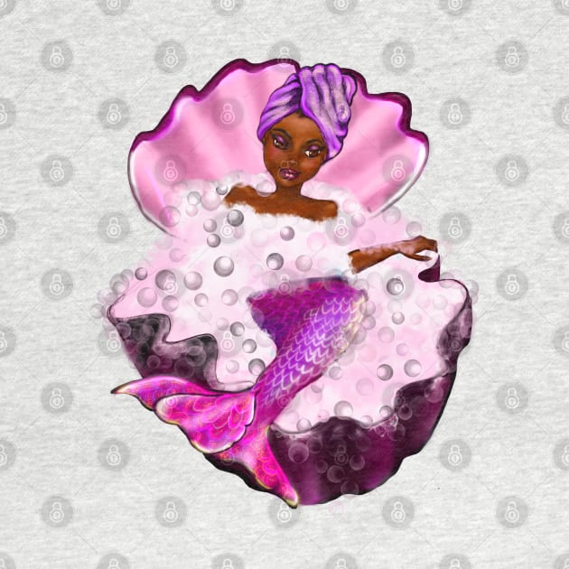 Mermaid spa day in Oyster clam shell 4 - Black anime mermaid in bubble bath. Pretty black girl with Afro hair, green eyes, Cherry pink lips and dark brown skin. Hair love ! by Artonmytee
